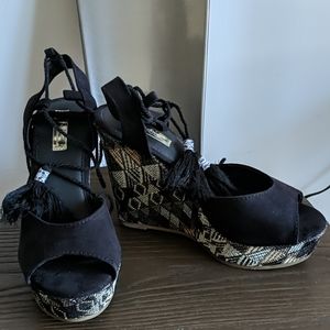 Boho Black Wedge Heel Rope wrap around